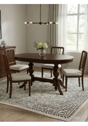Montclair Çift Baba Ayaklı Masif Ahşap Oval Yemek Masası 90x140 Ceviz