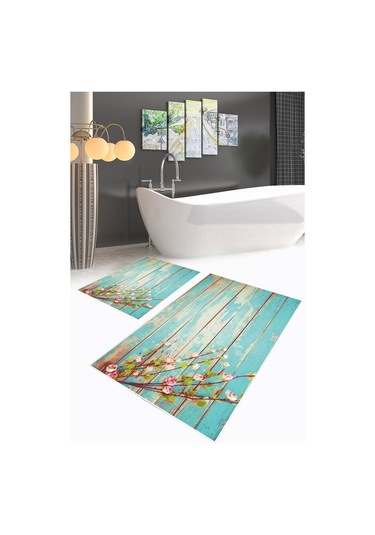 Dijital Baskılı Yıkanabilir Çiçek Desenli Kaymaz Taban 2'li Banyo Paspas Seti Renkli