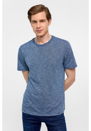 SÜVARİ Saks Mavi Regular Armürlü Bisiklet Yaka Tişört