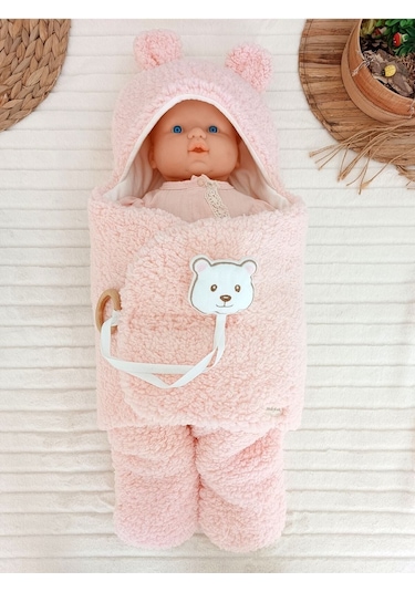 Bebek Dış Kundak Battaniyesi Pelüş Ayaklı Welsoft Uyku Tulumu Kışlık Mont Yenidoğan 0-12 Ay Pembe