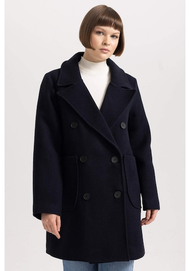 Defacto Regular Kalıp Kruvaze Yaka Düğmeli Cepli Yünlü Hafif Uzun Kaşe Kaban A9899AX23WNNV176 Lacivert