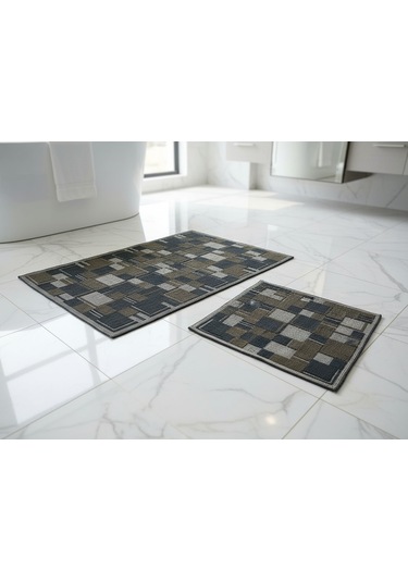 Banyo Paspası 2'li Set Blunity Plaid Haki Çok Renkli
