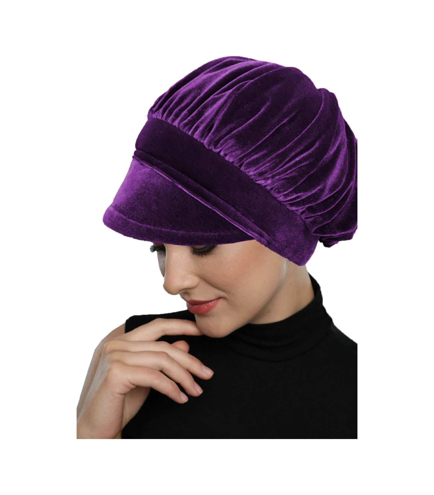 Kadife Şapka Toka Detaylı Mor Hazır Türban Tesettür Bone Mor