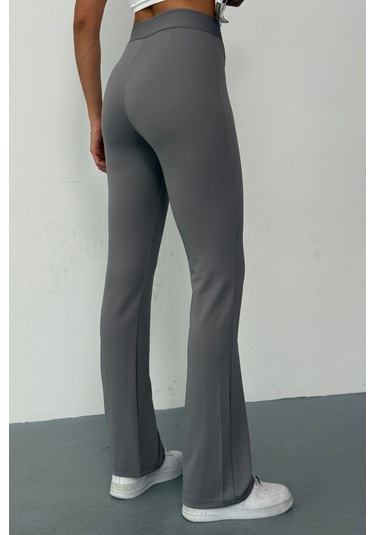 Krep Kumaş Likralı Önü Çimalı Kahverengi Kadın Palazzo Pantolon Gri