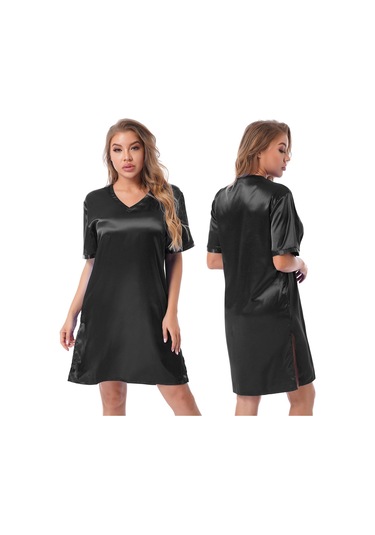 Siyah Kadınlar Katı Renk Saten Gecelik Yumuşak Rahat Pijama Gecelik Siyah