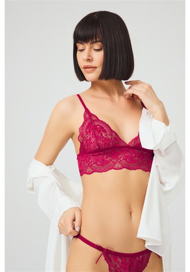 Vişne Dantelli Transparan Balensiz Kadın Sütyen Takımı Vişne