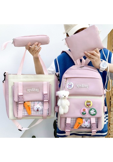 Mufunye Klasik Kumaş Çanta Seti Sırt Çantası + El Çantası + Clutch + Kalem Kutusu - Pembe Renkli Yumuşak Dokuma, Geniş Kapasite, Sevimli Ayı Figürü İle Dekore Çok Renkli