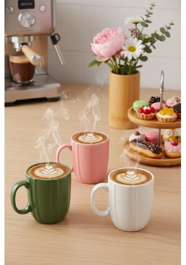 Rüzgar Seramik Kupa 3'lü Set Pembe Yeşil Beyaz Kahve Çay Kupası 300 Ml 10 Cm Renkli