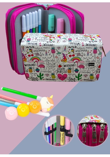 Kalem Kutusu Queen Unicorn Kawaii Orginazer Vegan Deri Üç Bölmel