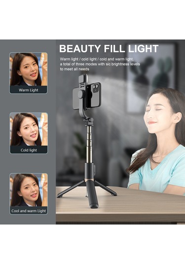 Kangvka Alüminyum Tripod Selfie Stick, Kablosuz Bluetooth, Işıklı 3000k-6500k , 5 Bölmeli Genişletilebilir, Dahili Kumanda, Taşınabilir Telefon Tutucu