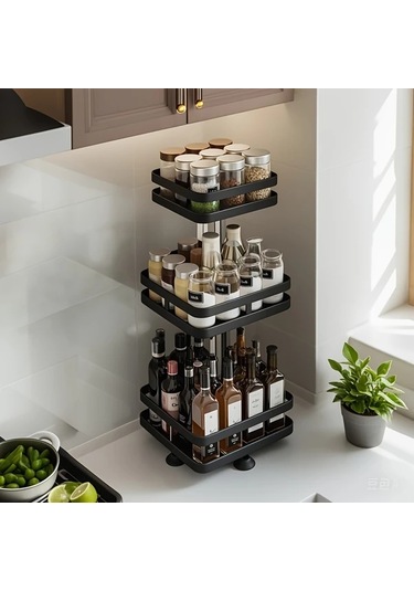 Honeybeeshop Wongırl Kare Üç Katmanlı 360 Derece Dönebilen Paslanmaz Çelik Mutfak Organizatörü Baharat Rafı 1100 Koyu Ceviz