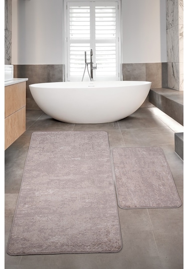 Nova Kahve Büyük Ebat 80x150 + 50x80 Cm 2'li Banyo Halısı Paspas Kahverengi
