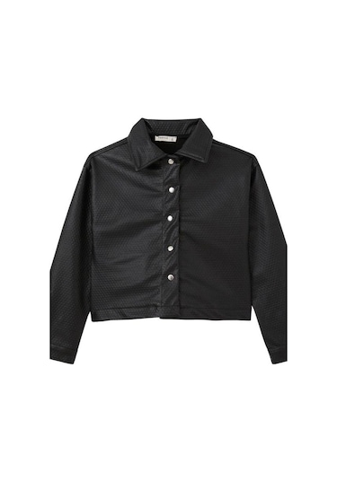 Kız Çocuk Kabartma Desenli Çıtçıtlı Deri Ceket-15247 Siyah