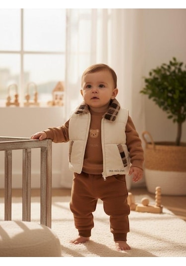Erkek Bebek Yelekli 3 'lü Eşofman Takım-16230 Kahverengi