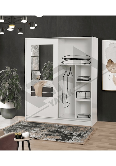 Azra Yatak Yağmur Sürgülü Askılıklı Raflı Beyaz Gardırop - 140 Cm