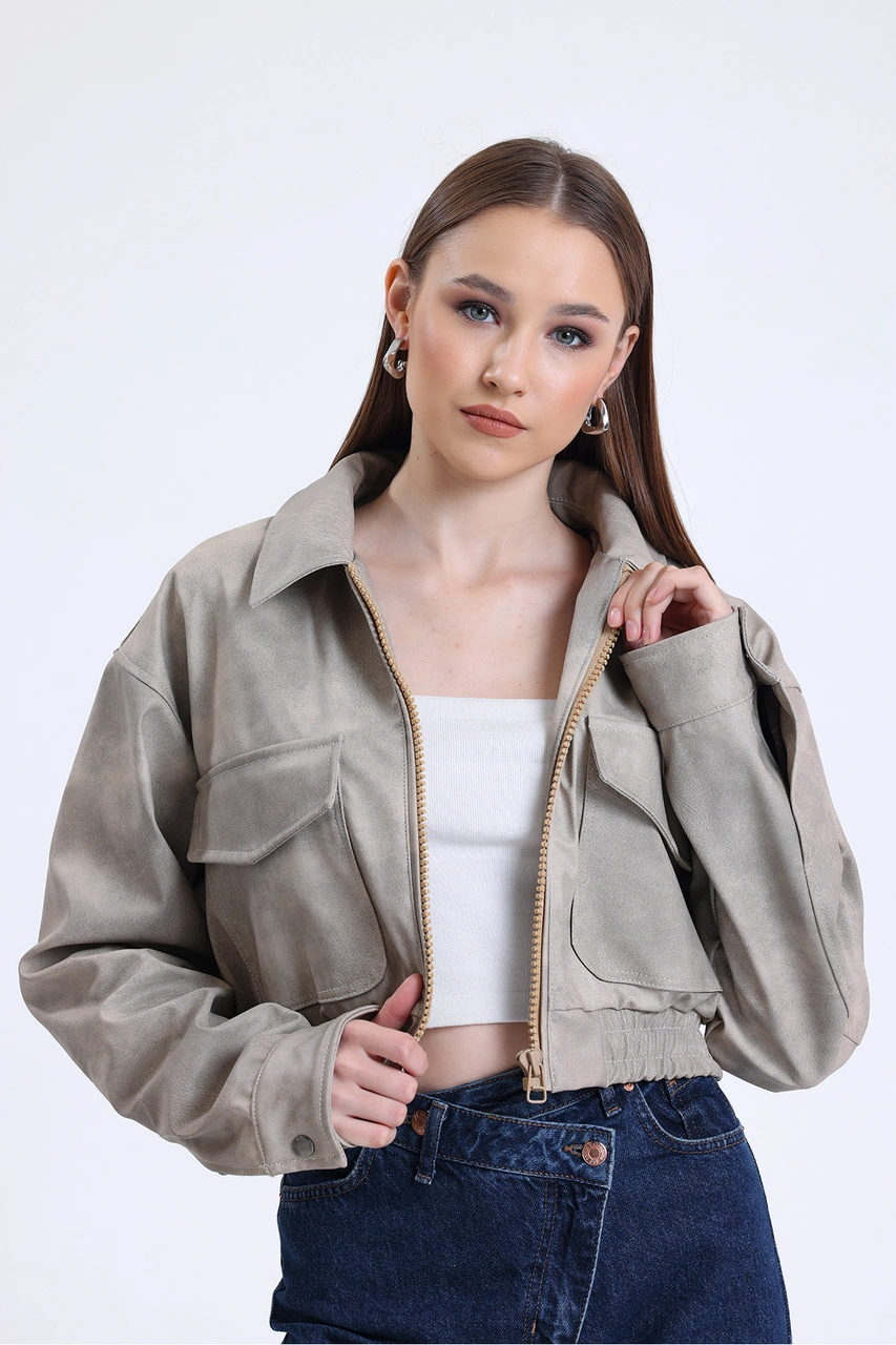 Kadın Deri Oversize Astarlı Kol Çıt Çıt Düğmeli Deri Mont Fermuar Kapamalı Kolej Mont Bej Bej