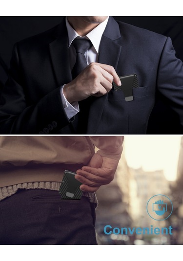 Hangfox Kara Karbon Fiber Rfıd Engelleyici Kart Çantası - Metal Pop-up Kart Tutucu Cüzdan Siyah