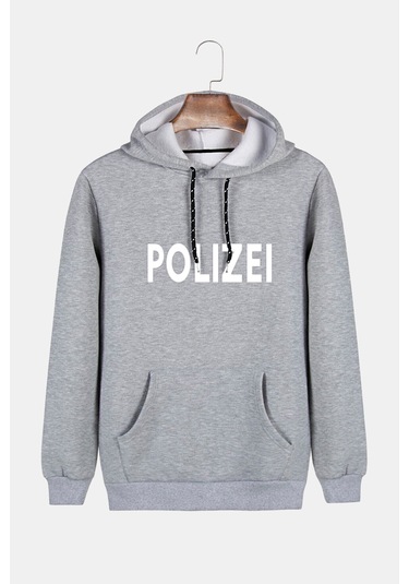 Unisex Gri Kapüşonlu Polizei Baskılı Slim Fit Kanguru Cepli Sweatshirt Gri