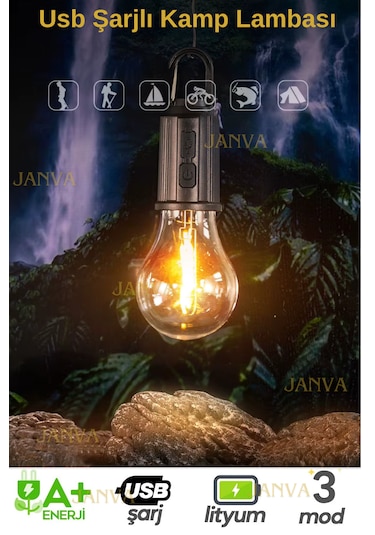 Janva Usb Şarjlı Kamp Lambası Işıldak Fener Lamba Kancalı Asmalı Siyah