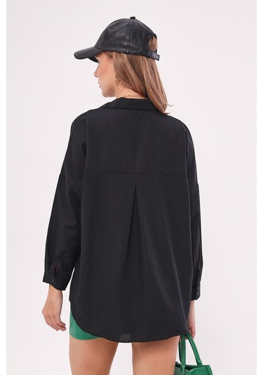Armonika Kadın Siyah Oversize Uzun Basic Gömlek Arm-22y001118