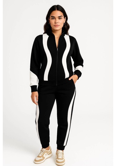 Kadın Premium Parçalı Eşofman Takım - Dik Yaka Fermuarlı Sweatshirt - Siyah Çok Renkli