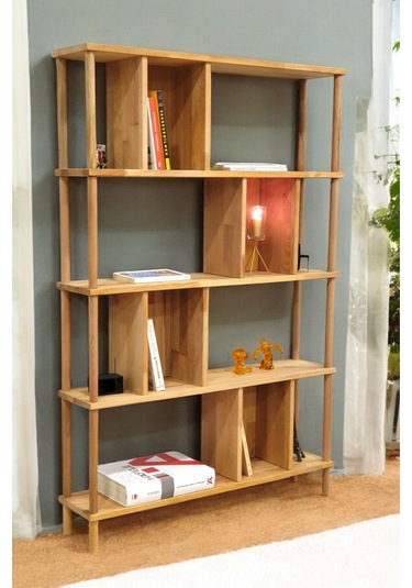 Lüx Naturel Ahşap 5 Raflı Modern Dekoratif Kitaplık Mutfak Rafı Kiler Çok Amaçlı Düzenleyici Raf Ahşap