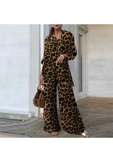 Zanzea Bahar 2 Adet Setleri Kadın Leopar Baskı Gömlek Ve Uzun Pantolon Geniş Bacak Kahverengi Zanzea Bahar 2 Adet Setleri Kadın Leopar Baskı Gömlek Ve Uzun Pantolon Geniş Bacak Kahverengi