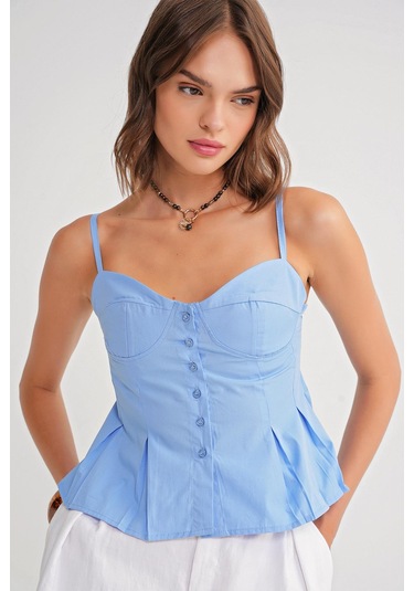 4737 Kadın Düğmeli Kuplu Pileli Bluz Mavi Mavi