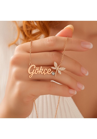 Nazar Mineli Yusufçuk İsimli Rose Gümüş Kolye Rose