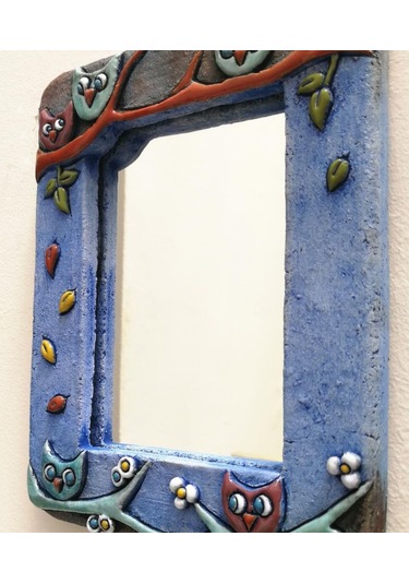 Özel Tasarım Baykuş Süslemeli Seramik Çerçeve Ayna 14.5 X 10 Cm Çok Renkli