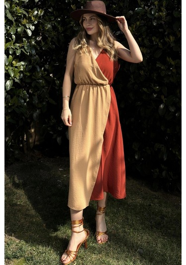 Kadın Kiremit & Bej Color Block Kruvaze, Hasır Askı Detaylı, Yırtmaçlı, Uzun Airobin Elbise Kiremit