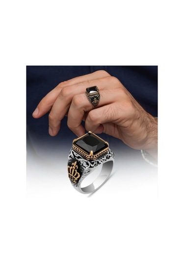 Siyah Taşlı Kral Tacı Motifli 925 Gümüş Yüzük Beyaz