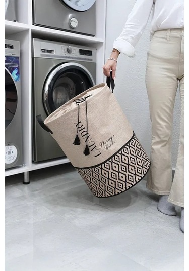 Bohe Bej Kumaş Büzgülü Çamaşır Sepeti-çocuk Oyuncak Düzenleyici-çok Amaçlı Sepet 35x35x50cm Gri-beyaz
