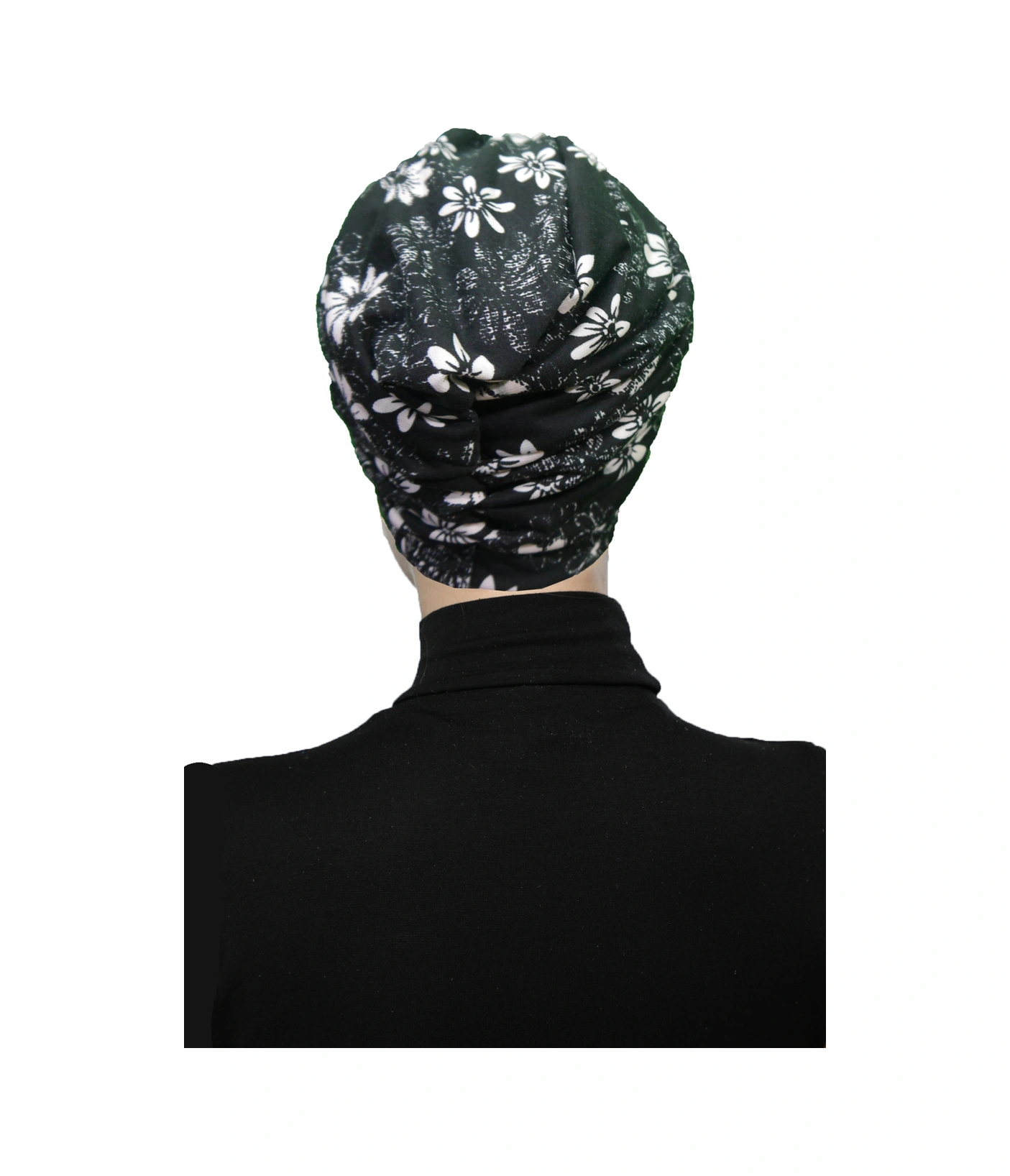 Midnight Blossom Desenli Çapraz Ve Bant Detaylı Astarlı Hazır Türban Tesettür Havuz Bonesi Siyah-ekru