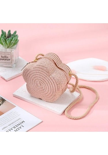 Novahub Dokuma Çapraz Çanta Çiçek Bozuk Para Cüzdanı Çocuklar İçin Yüksek Kaliteli Hasır Omuz Çantaları Açık Pembe Açık Pembe