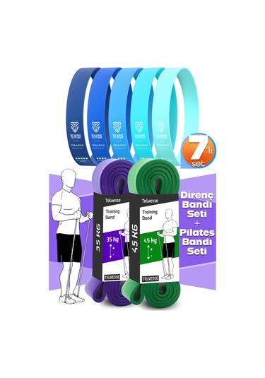 7li Mega Set 35+45 Kg + 5li Pilates Direnç Bandı Barfiks Lastiği Loop Band Mavi Ton Çok Renkli