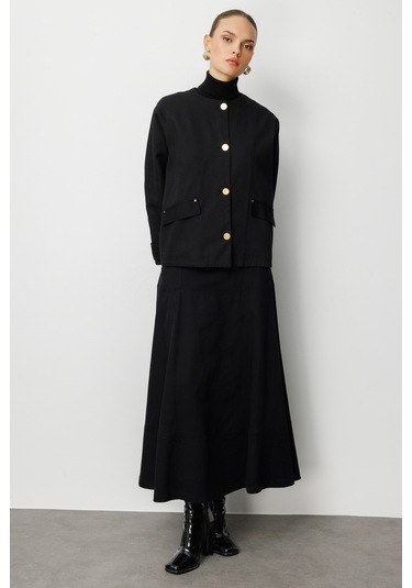 Mizalle Siyah A Kesim Kemerli Kalın Volanlı Maksi Etek Siyah