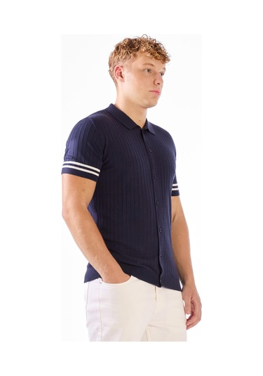Dufy Lacivert Polo Düğmeli Fitilli Kısa Kollu Slim Fit Erkek Triko Lacivert