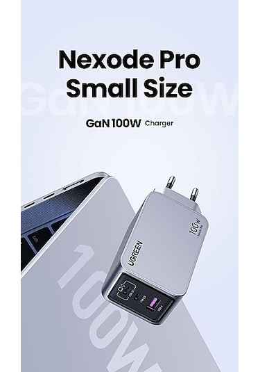 Ugreen Nexode Pro 100 W QC PD Type-C 2xUSB-C 1xUSB-A Gan Hızlı Şarj Cihazı Uzay Grisi