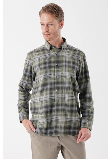 Koyu Haki Uzun Kollu Ekoseli Gabardin Sert Yaka Cepli Garnili Casual Comfort Fit Gömlek 1004235112-koyu Haki Koyu Haki