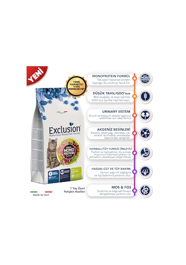 Exclusion Düşük Tahıllı Monoprotein Tavuklu Yetişkin Kedi Maması 12 KG