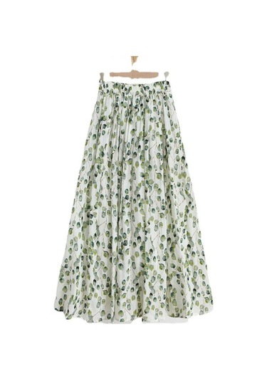 Qooth İlkbahar Yaz Kadın Yüksek Belli Çiçek Baskılı Etekler Elastik Bel Zarif Rahat Keten Pamuk Midi Yeşil Etekler Qt1712 Yeşil