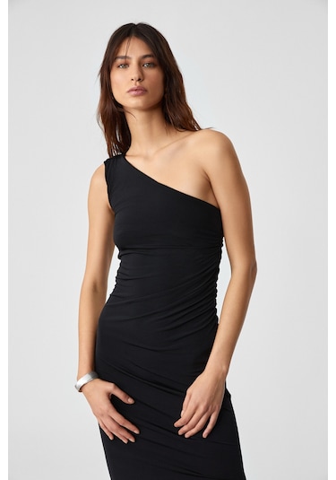 BERINS Kadın Asimetrik Yaka Regular Kolsuz Siyah Elbise