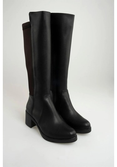 Beyaz Göktem Termo Katmaz Taban Kalın Topuklu Günlük Streç Kadın Çizme Siyah Siyah