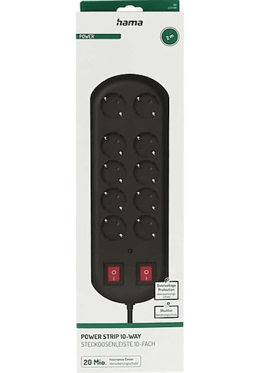 10'lu Akım Korumalı Priz, 2 Switches, 2m, Siyah Diğer