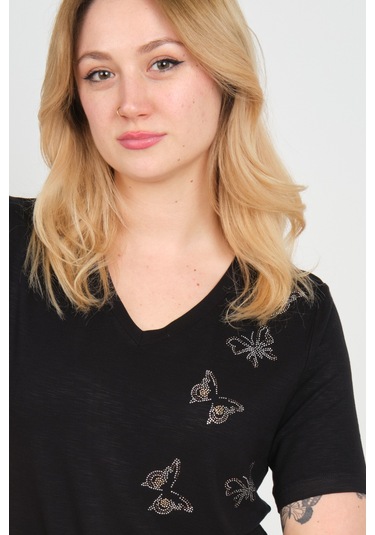 Ella Camelia Kadın Kelebek Şekilli Taş Süslemeli V Yaka Kısa Kollu Bluz 24e047 Siyah Siyah