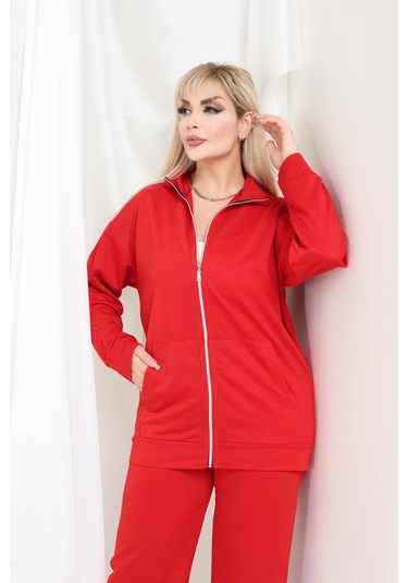 Kadın Büyük Beden Fermuarlı Uzun Kollu Rahat Günlük Eşofman Takım Kırmızı
