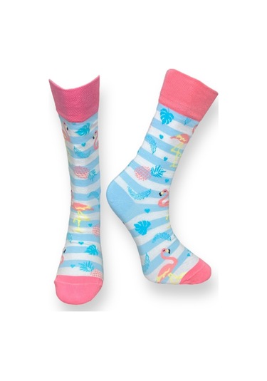 3'lü Unısex Flamingo Tasarımlı Renkli Esnek Nem Alabilen Pamuklu Spor Soket Çoraplar Çok Renkli