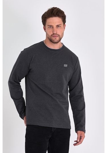 MMetalic Erkek Antrasit Çift Bisiklet Yaka Baskı Detaylı Standart Rahat Kesim Sweatshirt Antrasit