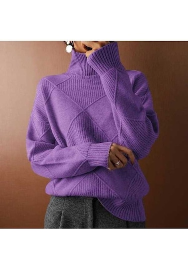 Tongxida Kadın Büyük Beden Lavanta Renk Yüksek Yaka Seyahat Kazak, Bol Mizaçlı, Uzun Kol, Polyester Kumaş, Banliyö Stili Lavanta